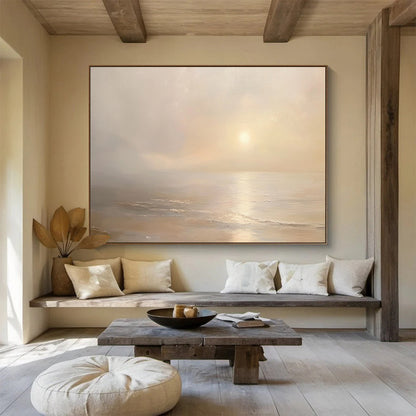“Misty Sea at Dawn” - Pale Beiges, Whites, Subtle Yellows, Foggy Ocean at Sunrise - Oil Painting HB1607