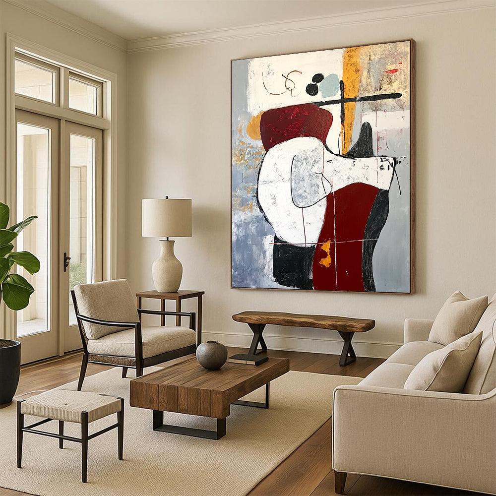 Contemporary abstract artwork featuring an animal on a chair in red and white tones with black lines on a gray background in oil on canvas. DLZ1012