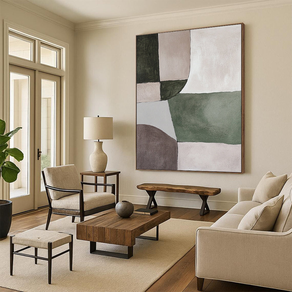 Contemporary abstract painting featuring serene green and grey shapes on a soothing beige background, perfect for minimalistic decor. DLZ0881