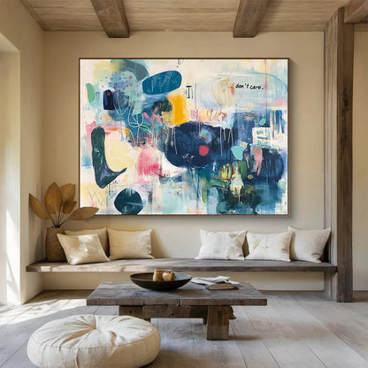 “Colorful Chaos with Text” - Multicolor, Abstract Forms, “don't care” Text - Contemporary Mixed - Media Acrylic Painting HB1550
