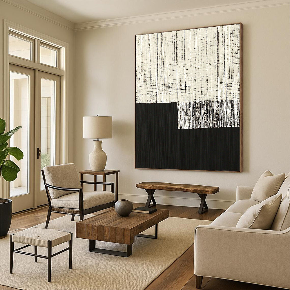Contemporary hand-painted abstract art featuring minimalist black and white vertical lines on a dark background with a floating cloth element. DLZ1605