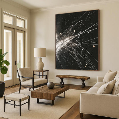Black, White, Gold, Explosive Lines "Celestial Fireworks" Abstract Expressionist Painting On Canvas HB083