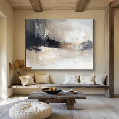 “Neutral Textured Horizon” - Gray, Beige, Black, Abstract Landscape Painting On Canvas HB1071