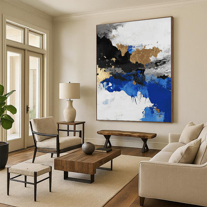 Contemporary abstract artwork showcasing an aerial view of an arctic landscape in black and white with blue accents and gold leaf highlights. DLZ0572