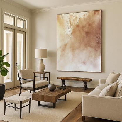 Contemporary hand-painted abstract artwork featuring soft beige textures atmospheric skies and intricate natural landscapes in light and dark shades. DLZ1723