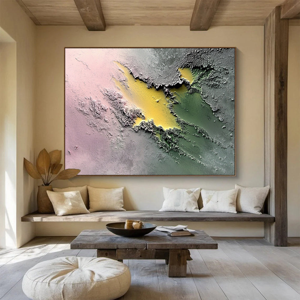 “Colorful Textured Terrain” - Pink, Yellow, Green, Textured Abstract Painting On Canvas HB0780