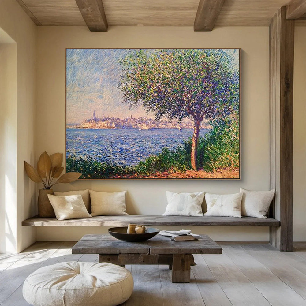 “Pointillist Tree and Sea” - Blue, Green, Purple, Pointillist Coastal Scene - Pointillist Oil Painting HB1675