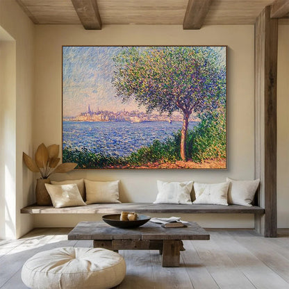 “Pointillist Tree and Sea” - Blue, Green, Purple, Pointillist Coastal Scene - Pointillist Oil Painting HB1675