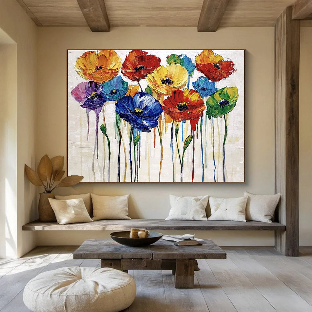 “Dripping Colorful Poppies” - Multicolor, Poppies, Dripping Paint Painting On Canvas HB0739