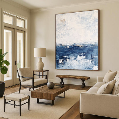 Contemporary abstract artwork featuring textured layers in neutral tones with blue sea and white sky for a minimalist landscape aesthetic. DLZ0364