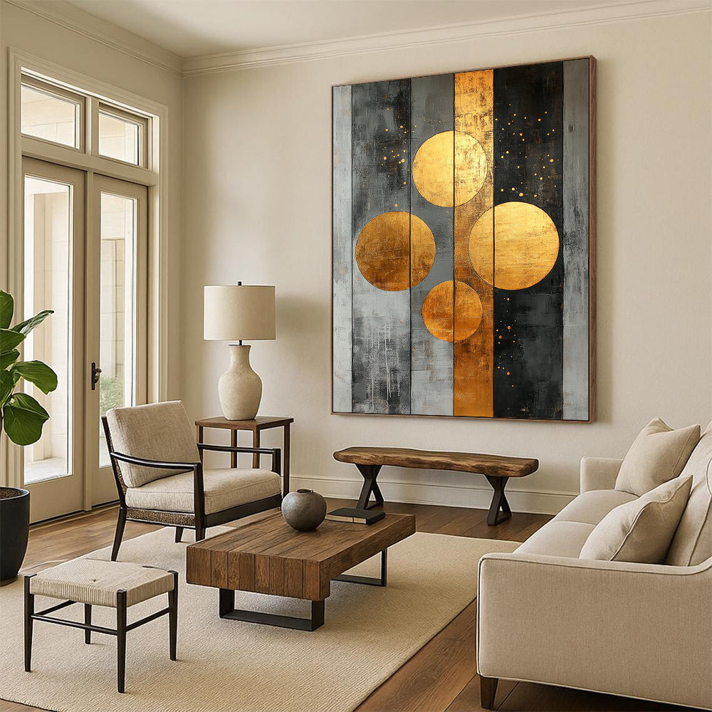 Contemporary abstract artwork features striking gold circles on a textured grey canvas adorned with dynamic stripes and dots for a bold statement. DLZ0740