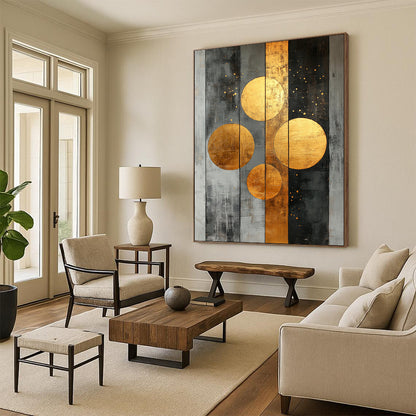 Contemporary abstract artwork features striking gold circles on a textured grey canvas adorned with dynamic stripes and dots for a bold statement. DLZ0740