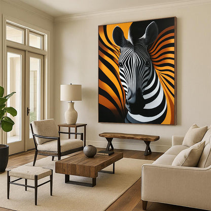 Contemporary abstract artwork featuring a striking zebra head with fluid lines on a vibrant orange background emphasizing elegant shapes and symmetry. DLZ1219