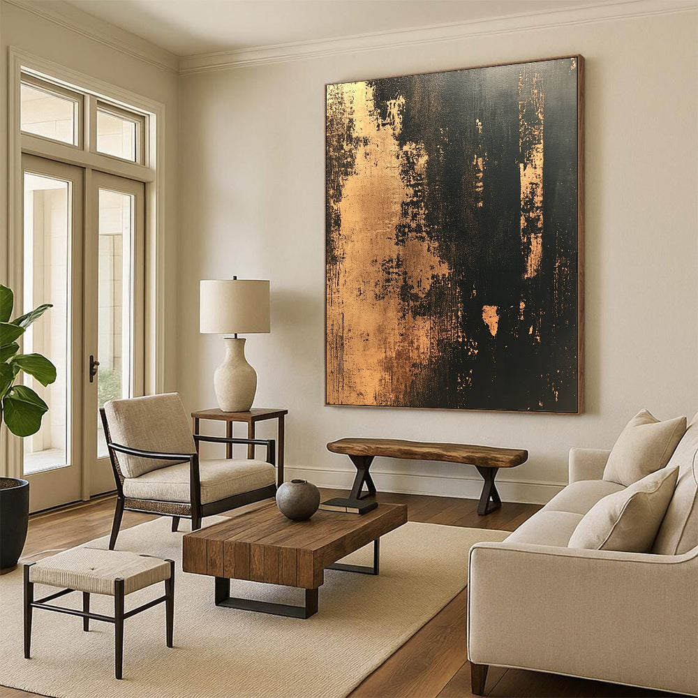 Contemporary hand-painted abstract artwork featuring distressed textured wallpaper in dark tones with gold accents creating a vintage modern aesthetic. DLZ1437