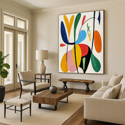 Large contemporary hand-painted abstract art featuring bright colors, organic forms, and simple lines on a white background, inspired by Matisse’s style. DLZ1271