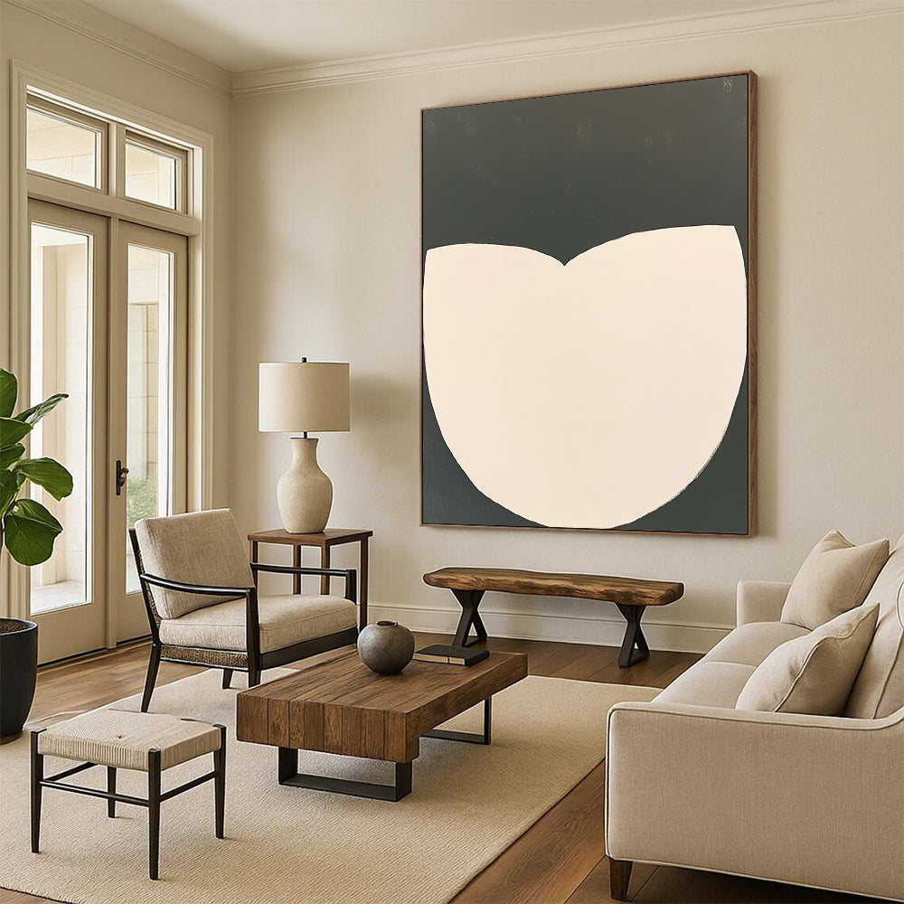Contemporary abstract artwork featuring white half-circles on a dark gray background emphasizing simplicity and minimalism with clean lines. DLZ1428