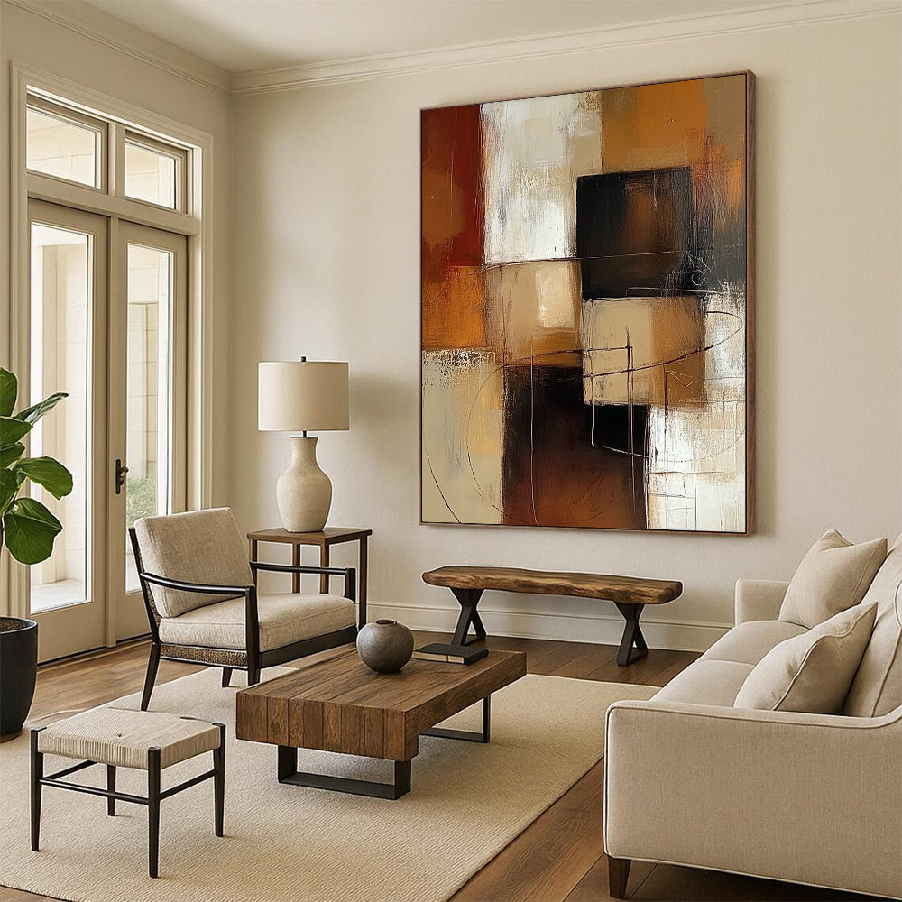 Contemporary hand-painted abstract art features warm brown and beige blocks with white accents showcasing visible brush strokes and soft edges. DLZ0978