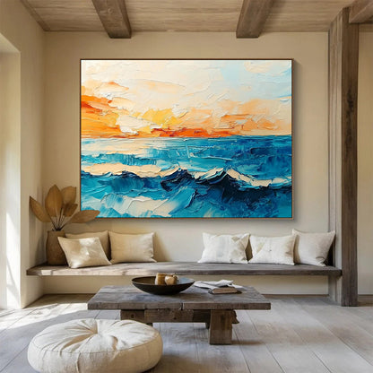 “Sunset Ocean Waves” - Orange, Yellow, Blue, Impasto Seaside Sunset Painting On Canvas HB1029