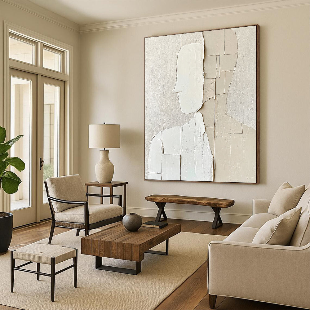 Contemporary abstract artwork features minimalism with deconstructed tailoring in simple shapes on a textured beige background creating a monochromatic aesthetic. DLZ1729