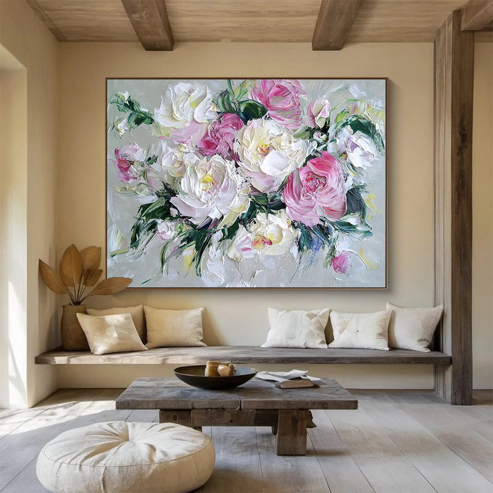 “Blush - Toned Peony Bouquet” - Soft Pinks, Whites, Greens, Textured Peony Flowers - Impasto Oil Painting HB1716