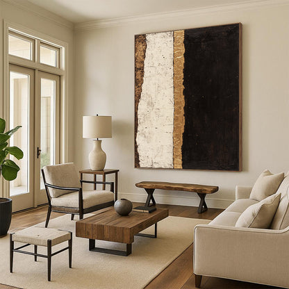 Black, White, Gold, Textured Stripes "Gilded Divide" Abstract Minimalist Painting On Canvas HB082