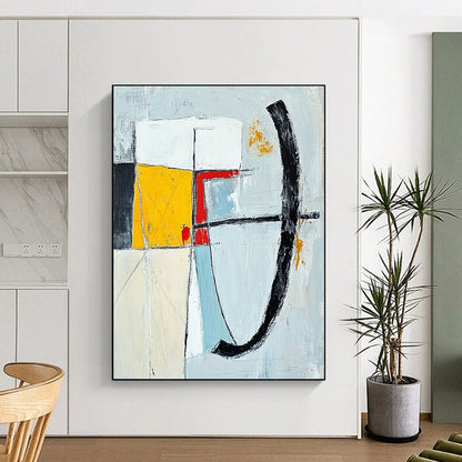 Contemporary abstract painting featuring bold brushstrokes in gray blue yellow and white with a striking red line and unique shapes on a white background. DLZ0637