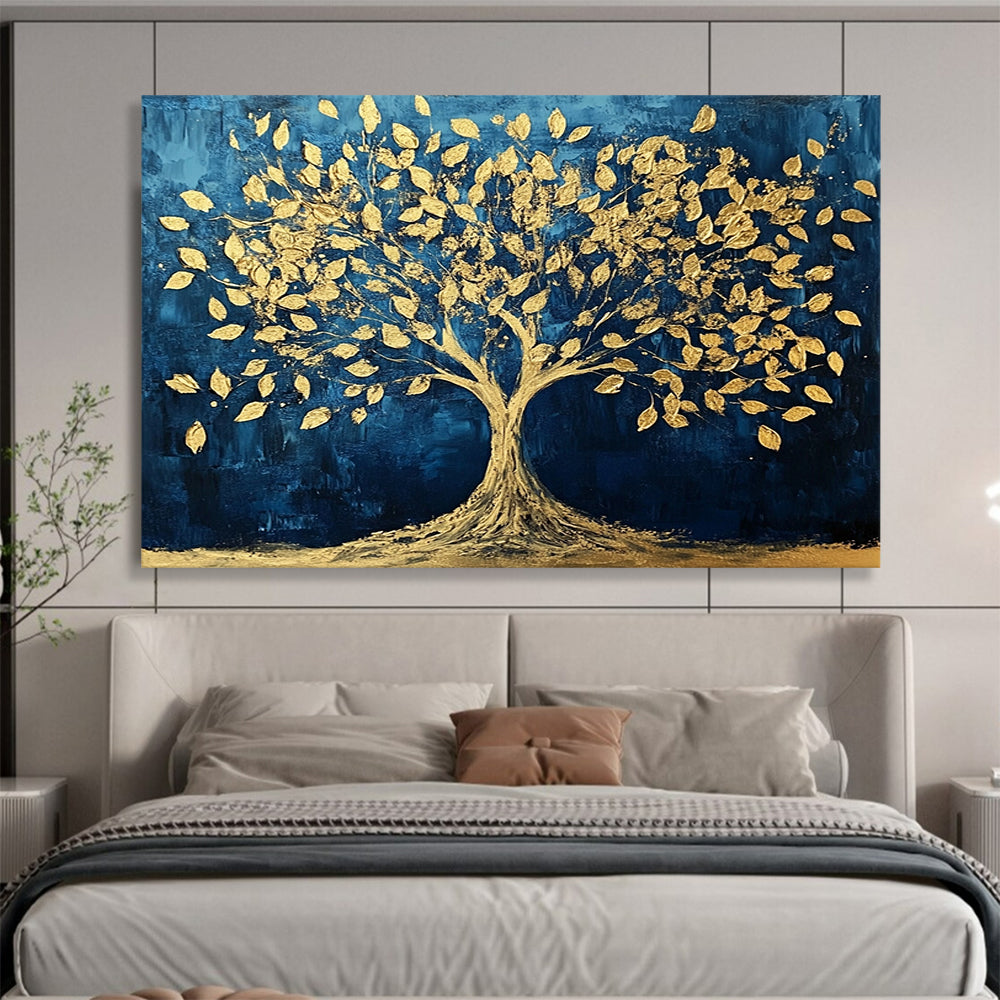 “Golden Tree of Life” - Blue, Gold, Tree Silhouette Painting On Canvas HB0734