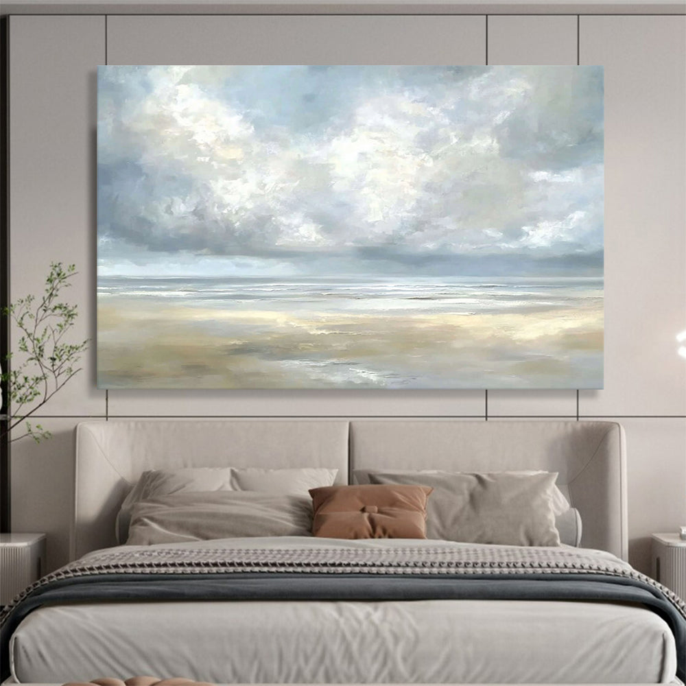 “Misty Coastal Calm” - Gray, Blue, Beige, Tranquil Seaside Clouds Painting On Canvas HB1027