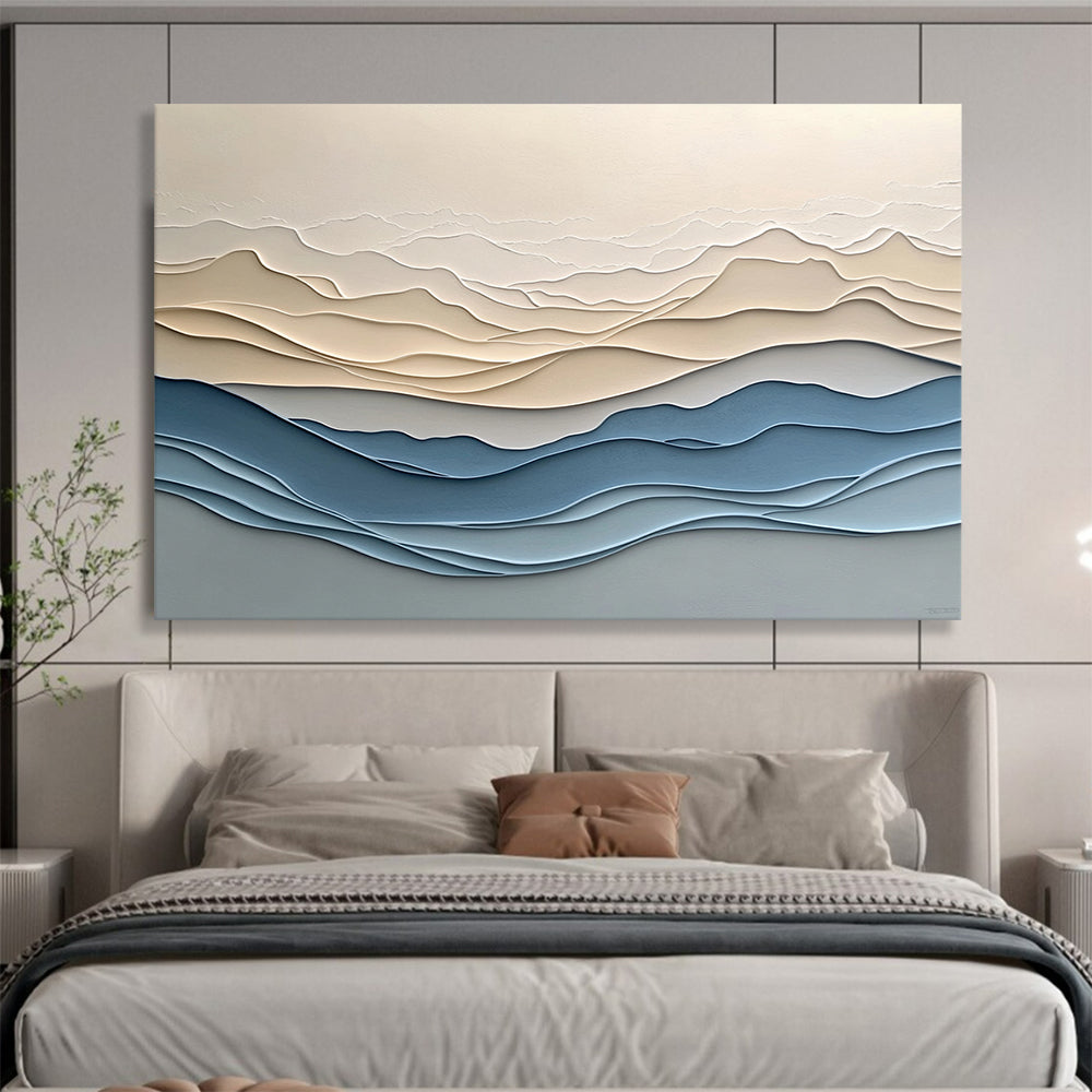 “Layered Mountain Waves” - Beige, Blue, Gray, Layered Wavy Mountain - Textured Relief Art HB1776