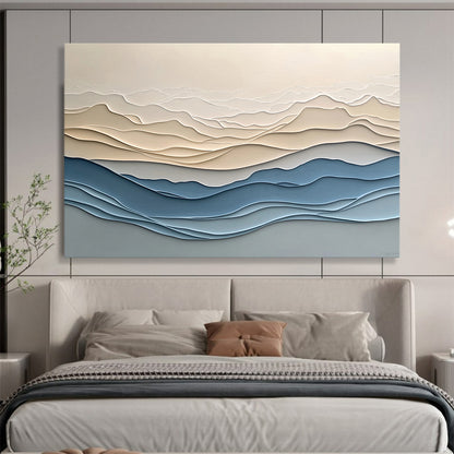 “Layered Mountain Waves” - Beige, Blue, Gray, Layered Wavy Mountain - Textured Relief Art HB1776