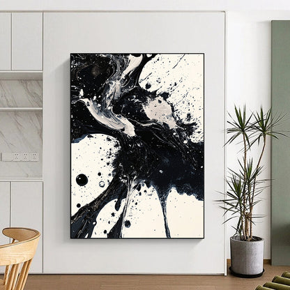 Black, White, Fluid Ink Blends "Ink Fusion" Abstract Expressionist Painting On Canvas HB139