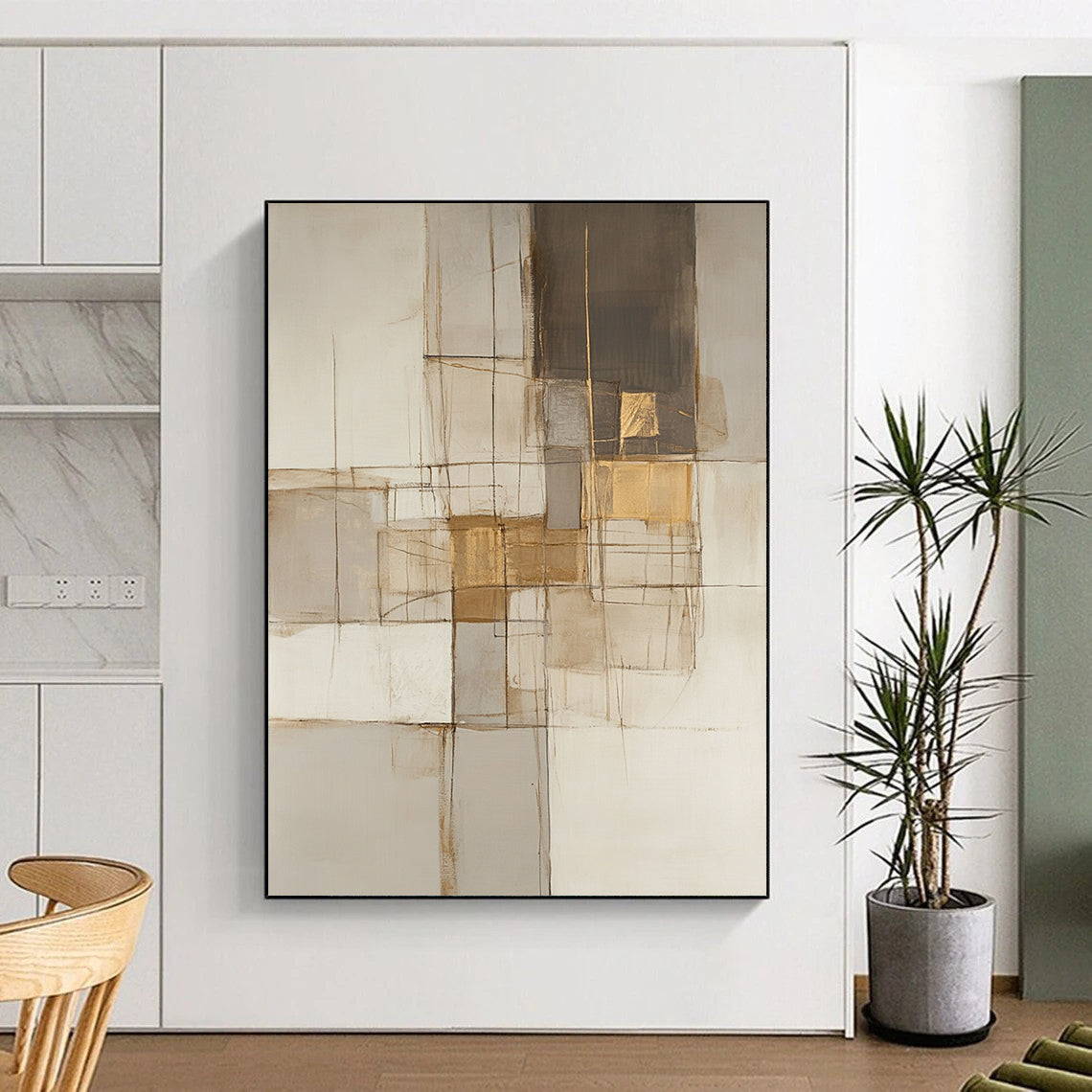 Large contemporary hand-painted abstract artwork featuring neutral tones with lines and squares accented in gold, beige, gray, and white. DLZ0923