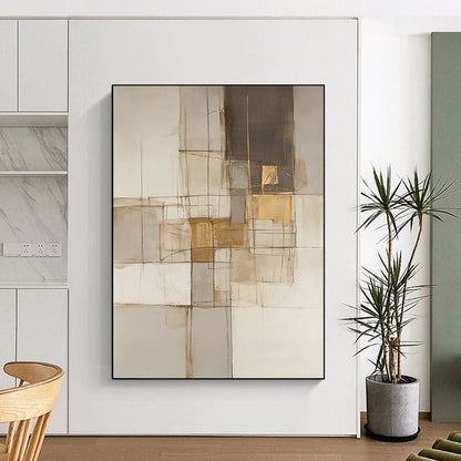Large contemporary hand-painted abstract artwork featuring neutral tones with lines and squares accented in gold, beige, gray, and white. DLZ0923