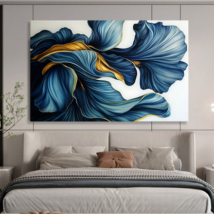 “Blue - Gold Petal Swirls” - Intricate blue petals with golden accents, Floral Realism Painting On Canvas HB0536