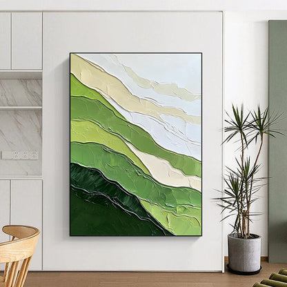 Contemporary hand-painted abstract artwork featuring textured green mountains and minimalist design against a white background evokes tranquility and natural beauty. DLZ0599