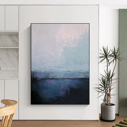 Contemporary abstract art featuring muted gray and blue tones with soft edges and textured contrasts in a large canvas format. DLZ0402