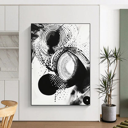 Black Circles, Dots & Curves on White - “Cosmic Ink Patterns” Painting On Canvas HB222