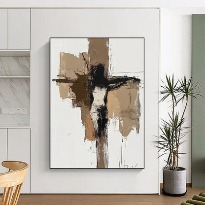 Contemporary abstract painting featuring earthy tones with a minimalist depiction of Jesus on the cross on a white background. DLZ0872