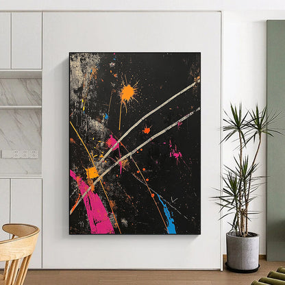 Black, Colorful Splashes, White Lines "Vibrant Chaos" Abstract Painting On Canvas HB021