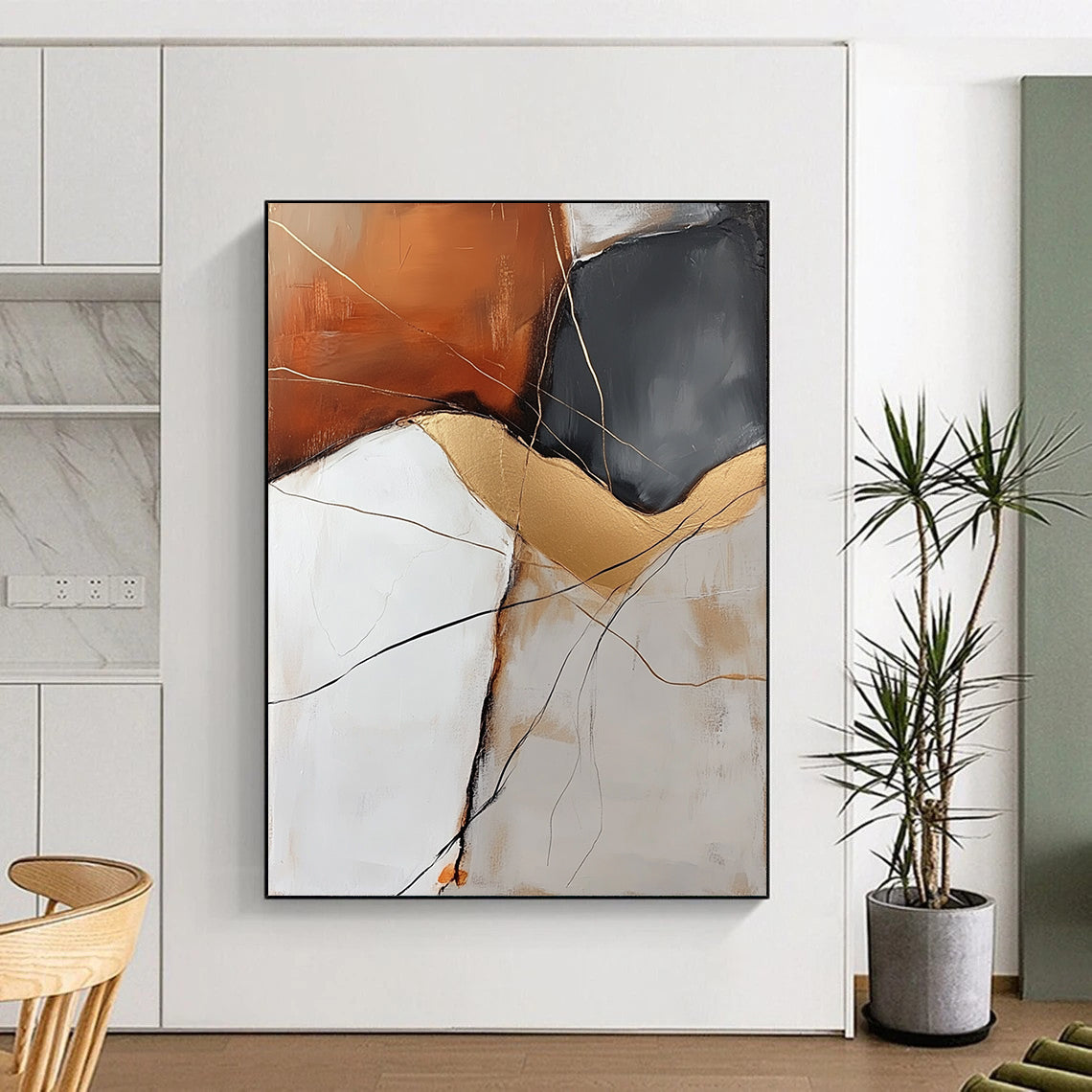 Contemporary hand-painted abstract artwork featuring an orange white grey rock with golden veins and delicate black lines enhancing visual depth. DLZ0963