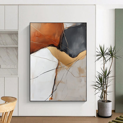 Contemporary hand-painted abstract artwork featuring an orange white grey rock with golden veins and delicate black lines enhancing visual depth. DLZ0963