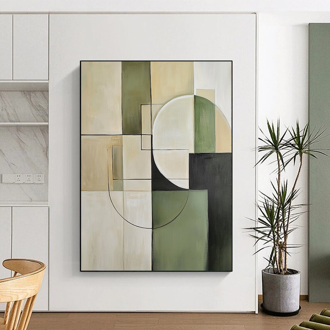 Contemporary hand-painted abstract artwork featuring minimalist beige and green tones with geometric squares and circles for a sophisticated aesthetic. DLZ0552