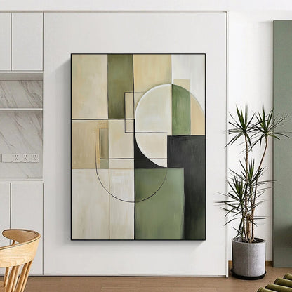 Contemporary hand-painted abstract artwork featuring minimalist beige and green tones with geometric squares and circles for a sophisticated aesthetic. DLZ0552