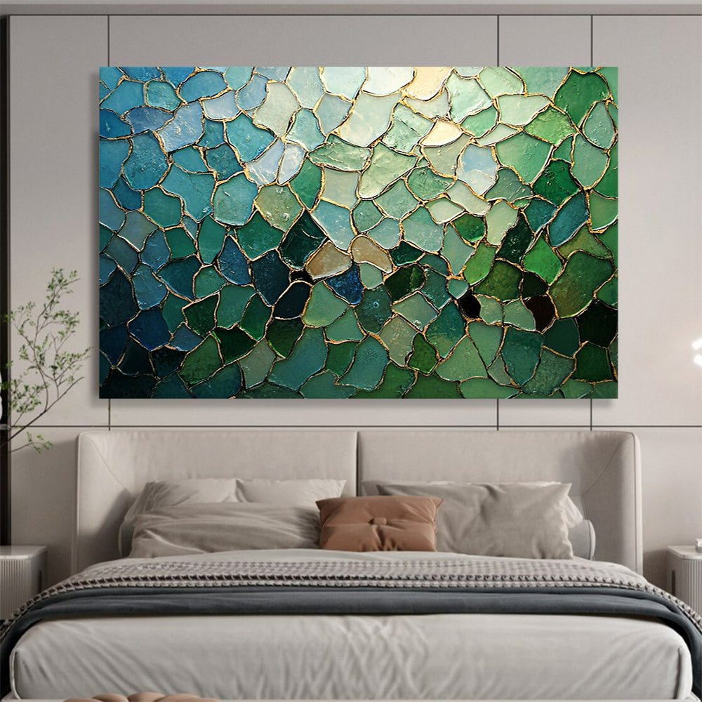 “Blue - Green Mosaic with Gold Lines” - Blue, Green, Gold, Irregular Mosaic Pieces - Mosaic Art HB1676