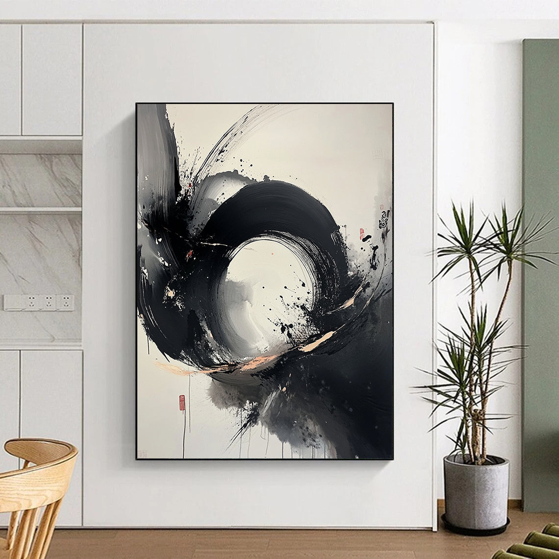 Black, White, Gray, Splattered Circle "Ink Blot Symphony" Abstract Expressionist Painting On Canvas HB105