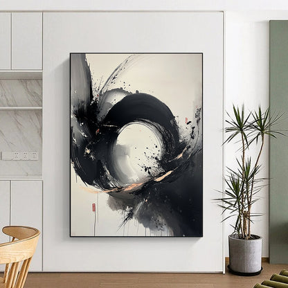 Black, White, Gray, Splattered Circle "Ink Blot Symphony" Abstract Expressionist Painting On Canvas HB105