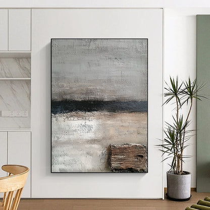 Contemporary hand-painted abstract art featuring shades of gray and white with textured wood and hints of dark blue for a serene aesthetic. DLZ0925