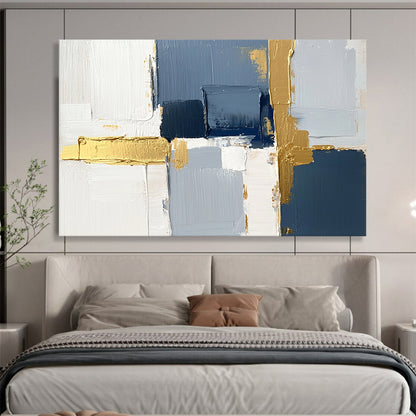 “Blue and Gold Geometric Abstract” - Blue, gray, white, gold; Geometric abstract with gold accents; Acrylic Painting On Canvas HB1252