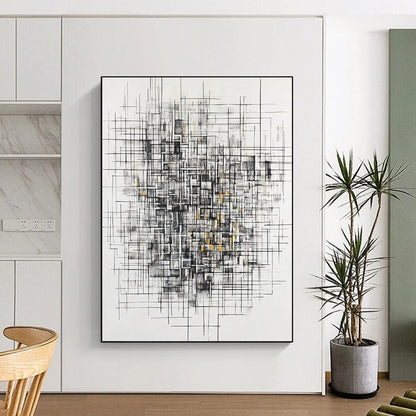 Black, White, Gray, Gold, Tangled Linework "Gilded Chaos Weave" Abstract Expressionist Painting On Canvas HB126