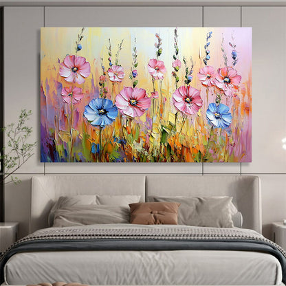 “Vibrant Wildflower Field” - Pinks, Blues, Yellows, Lively Wildflower Meadow - Impasto Oil Painting HB1718